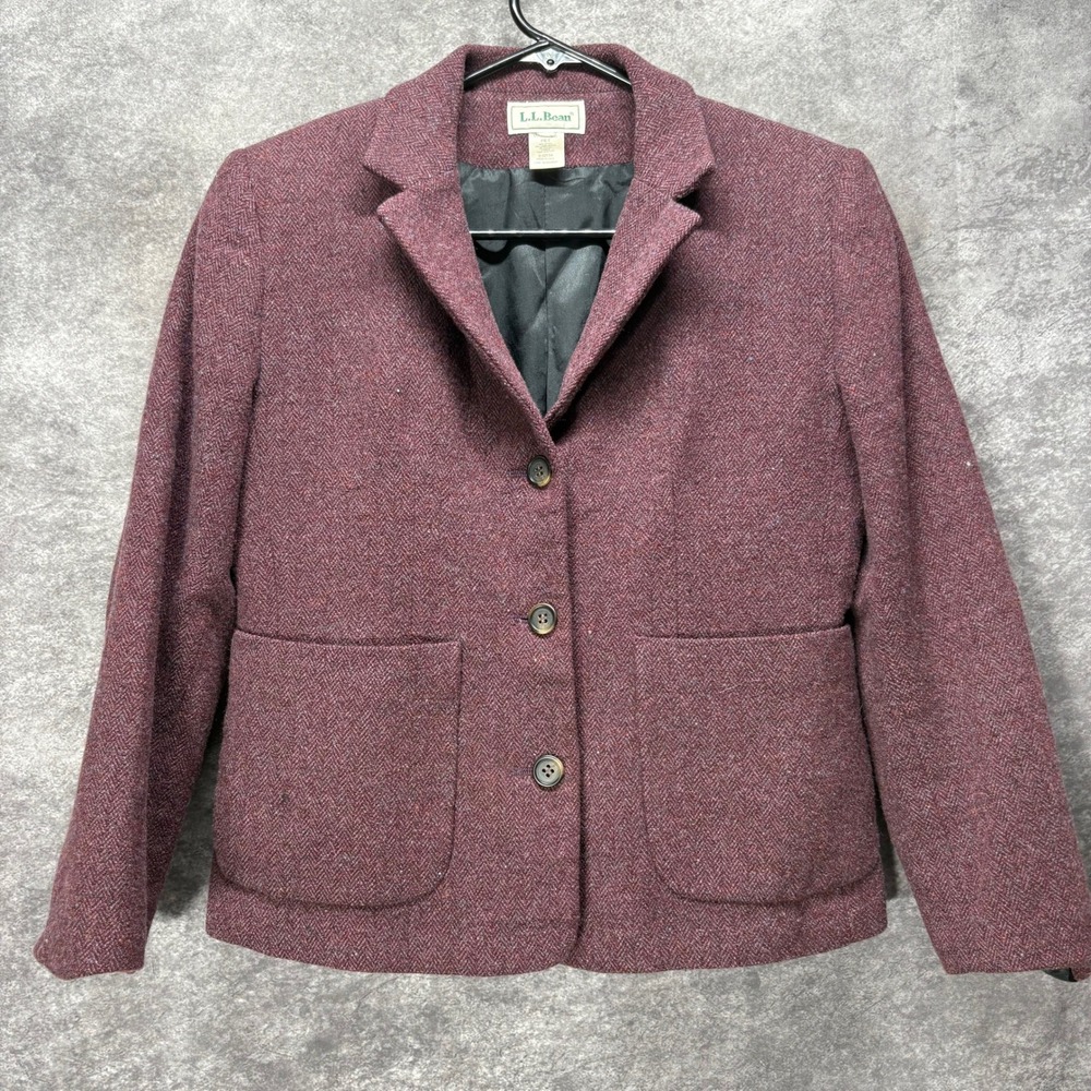 LL Bean Burgundy Herringbone Tweed Blazer Womens S Petite Wool Preppy Academia